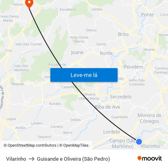 Vilarinho to Guisande e Oliveira (São Pedro) map