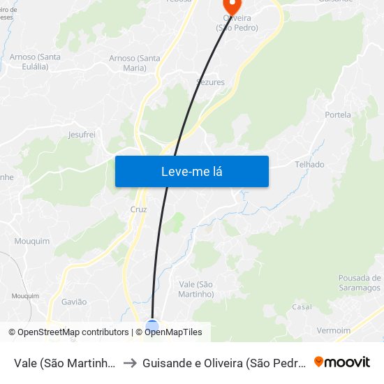 Vale (São Martinho) to Guisande e Oliveira (São Pedro) map