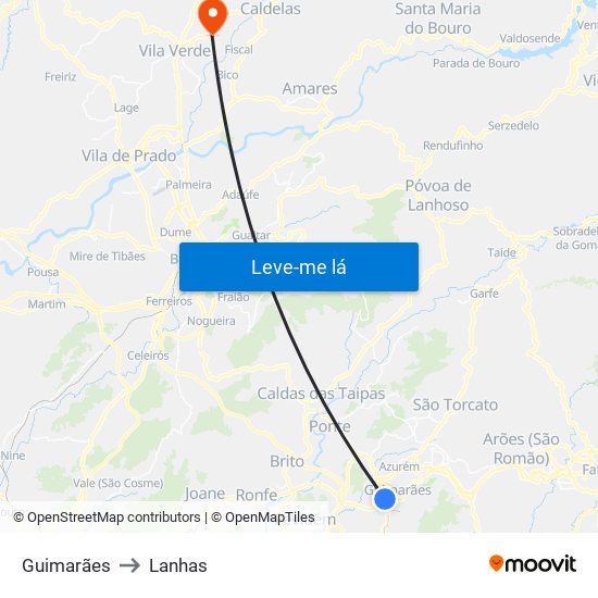 Guimarães to Lanhas map