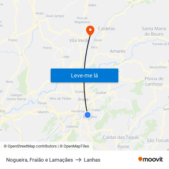 Nogueira, Fraião e Lamaçães to Lanhas map