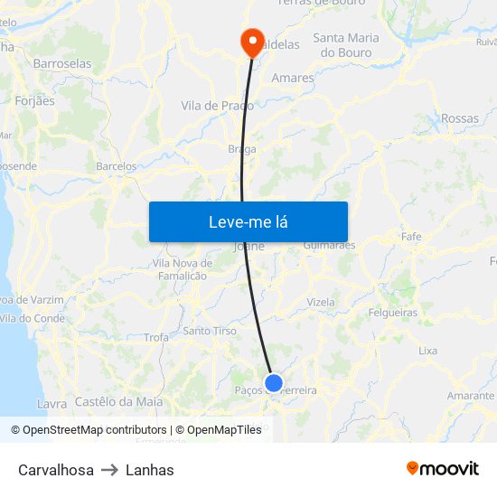 Carvalhosa to Lanhas map