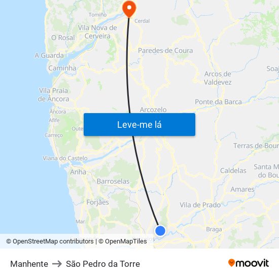 Manhente to São Pedro da Torre map