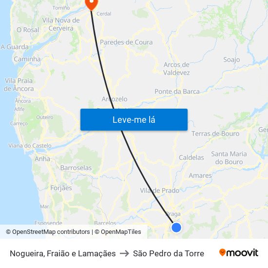 Nogueira, Fraião e Lamaçães to São Pedro da Torre map