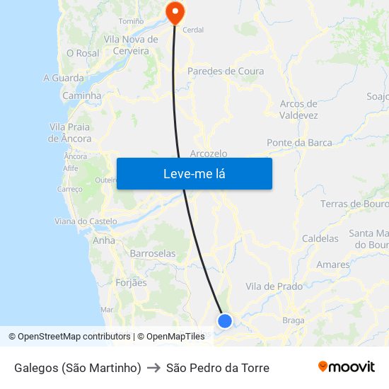 Galegos (São Martinho) to São Pedro da Torre map