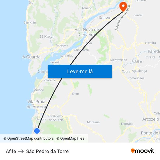 Afife to São Pedro da Torre map