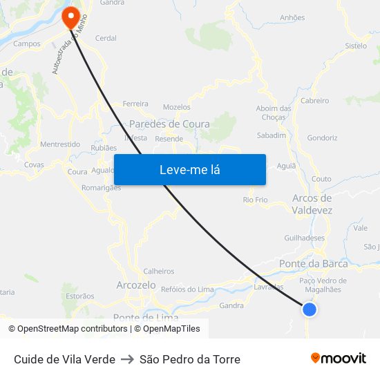 Cuide de Vila Verde to São Pedro da Torre map