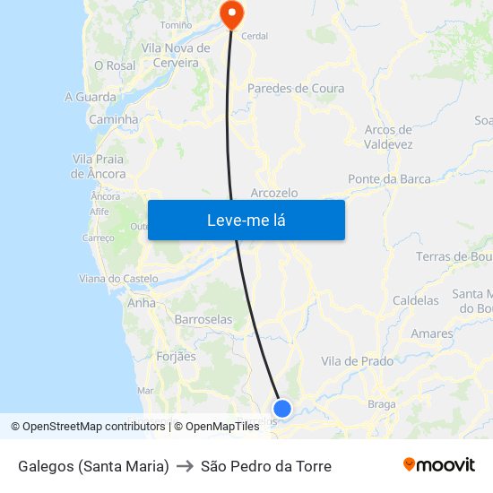 Galegos (Santa Maria) to São Pedro da Torre map