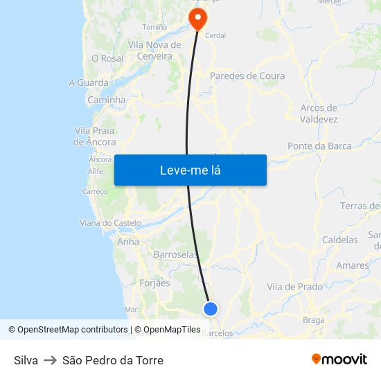 Silva to São Pedro da Torre map