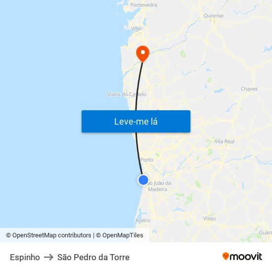 Espinho to São Pedro da Torre map