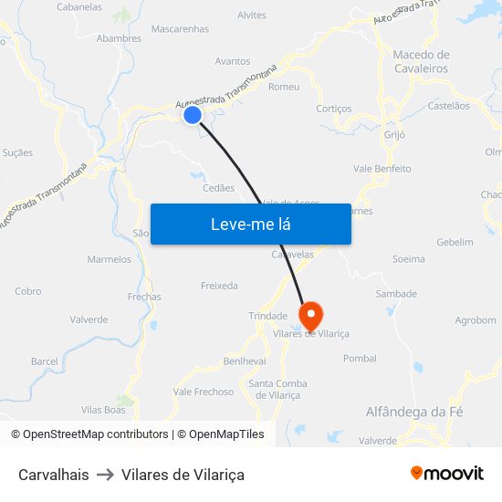 Carvalhais to Vilares de Vilariça map