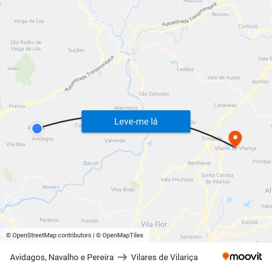 Avidagos, Navalho e Pereira to Vilares de Vilariça map