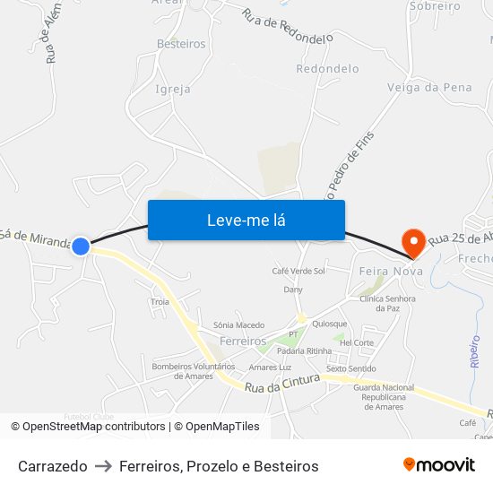 Carrazedo to Ferreiros, Prozelo e Besteiros map