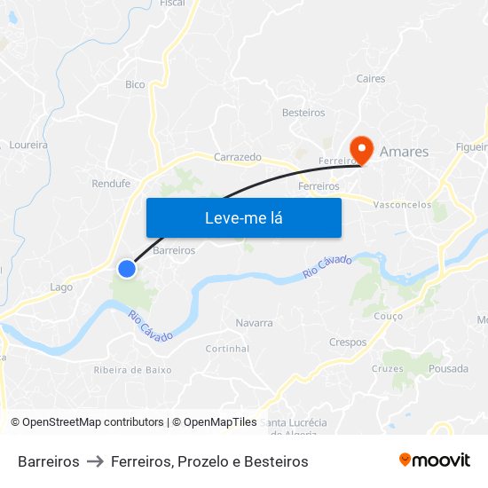 Barreiros to Ferreiros, Prozelo e Besteiros map