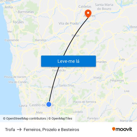 Trofa to Ferreiros, Prozelo e Besteiros map