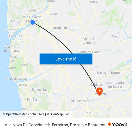 Vila Nova De Cerveira to Ferreiros, Prozelo e Besteiros map
