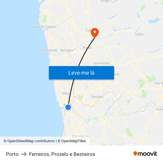 Porto to Ferreiros, Prozelo e Besteiros map