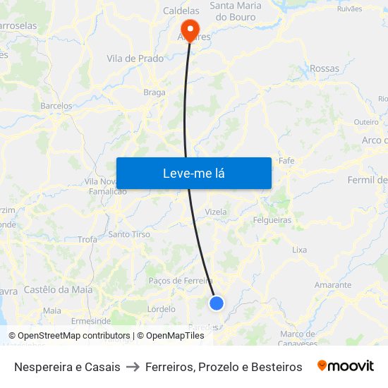 Nespereira e Casais to Ferreiros, Prozelo e Besteiros map