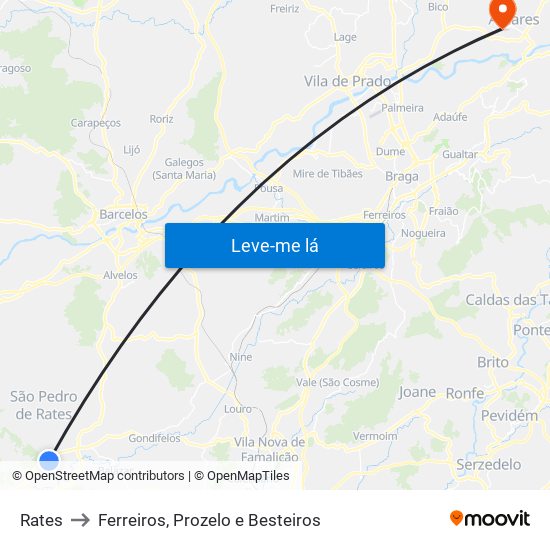 Rates to Ferreiros, Prozelo e Besteiros map