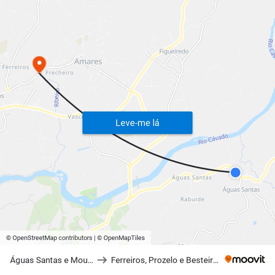 Águas Santas e Moure to Ferreiros, Prozelo e Besteiros map