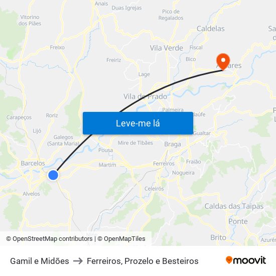 Gamil e Midões to Ferreiros, Prozelo e Besteiros map