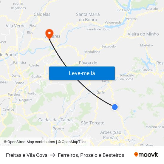 Freitas e Vila Cova to Ferreiros, Prozelo e Besteiros map