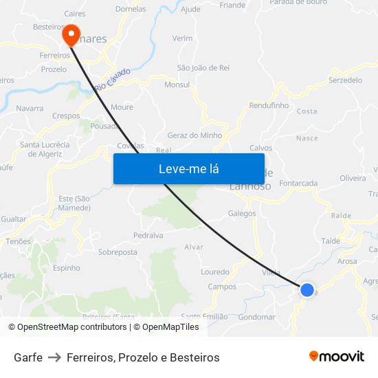 Garfe to Ferreiros, Prozelo e Besteiros map