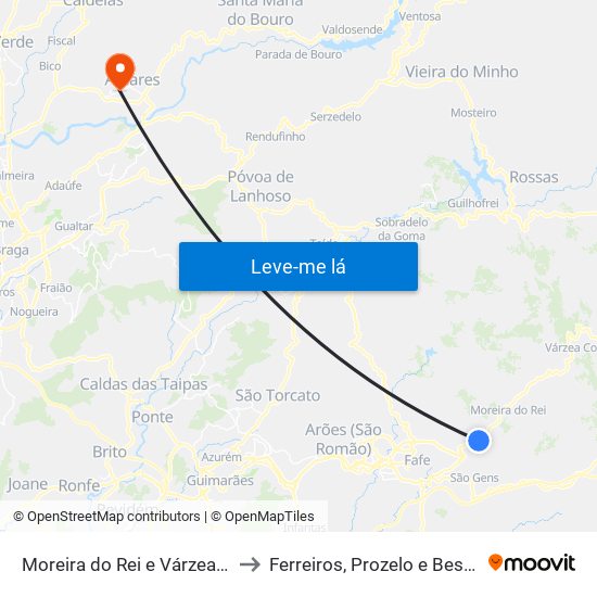 Moreira do Rei e Várzea Cova to Ferreiros, Prozelo e Besteiros map