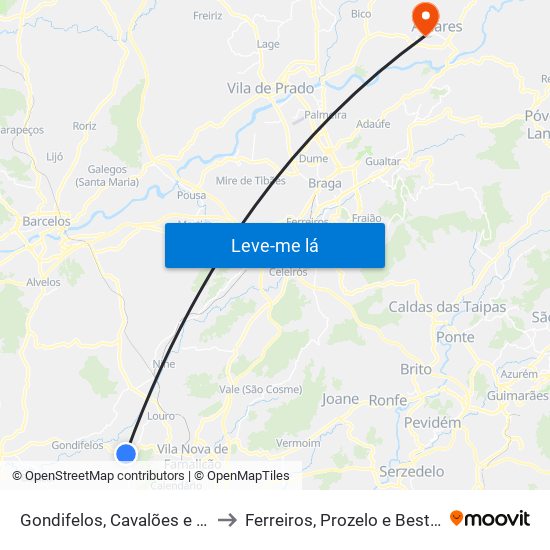 Gondifelos, Cavalões e Outiz to Ferreiros, Prozelo e Besteiros map