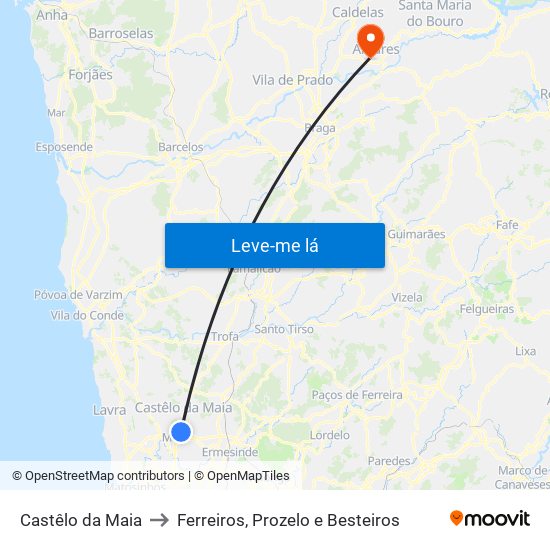 Castêlo da Maia to Ferreiros, Prozelo e Besteiros map
