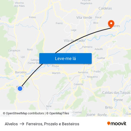 Alvelos to Ferreiros, Prozelo e Besteiros map