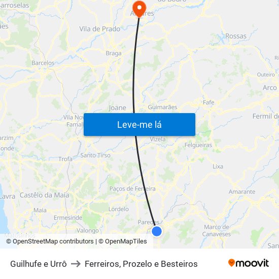 Guilhufe e Urrô to Ferreiros, Prozelo e Besteiros map
