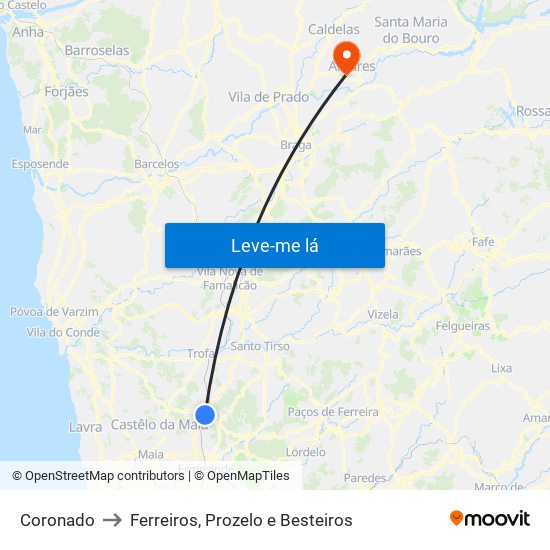 Coronado to Ferreiros, Prozelo e Besteiros map