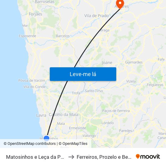 Matosinhos e Leça da Palmeira to Ferreiros, Prozelo e Besteiros map