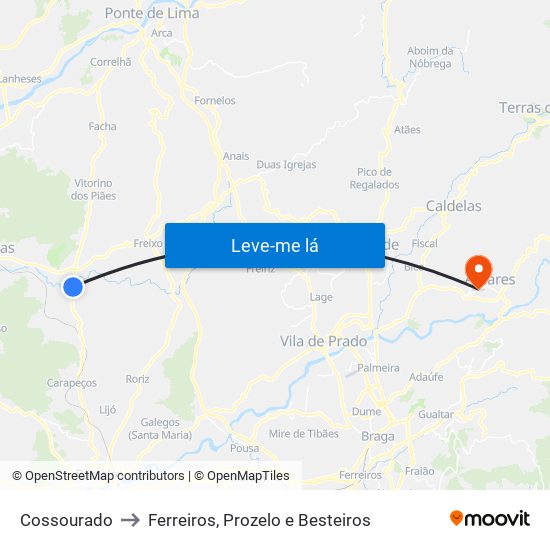 Cossourado to Ferreiros, Prozelo e Besteiros map