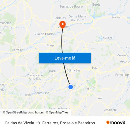 Caldas de Vizela to Ferreiros, Prozelo e Besteiros map