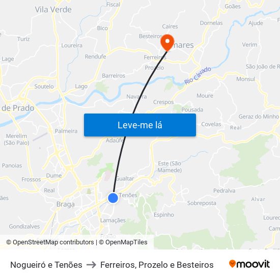 Nogueiró e Tenões to Ferreiros, Prozelo e Besteiros map