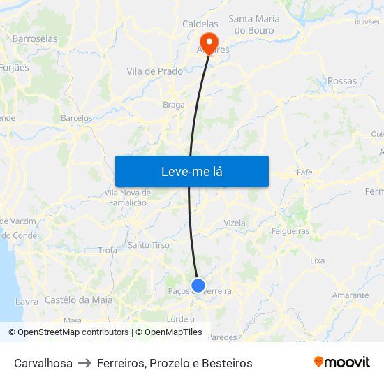 Carvalhosa to Ferreiros, Prozelo e Besteiros map