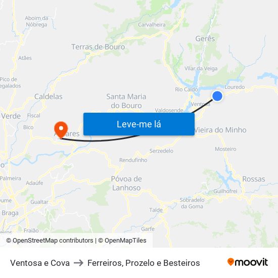 Ventosa e Cova to Ferreiros, Prozelo e Besteiros map