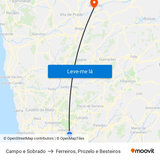 Campo e Sobrado to Ferreiros, Prozelo e Besteiros map