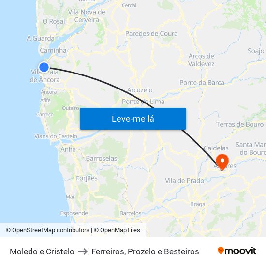Moledo e Cristelo to Ferreiros, Prozelo e Besteiros map