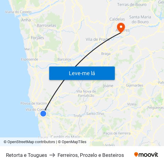 Retorta e Tougues to Ferreiros, Prozelo e Besteiros map