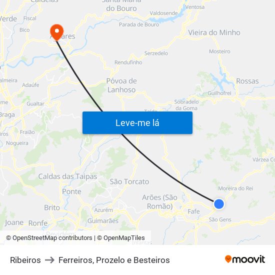 Ribeiros to Ferreiros, Prozelo e Besteiros map