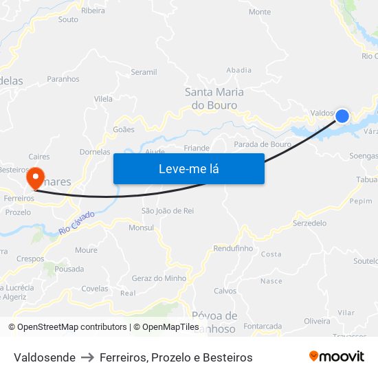 Valdosende to Ferreiros, Prozelo e Besteiros map