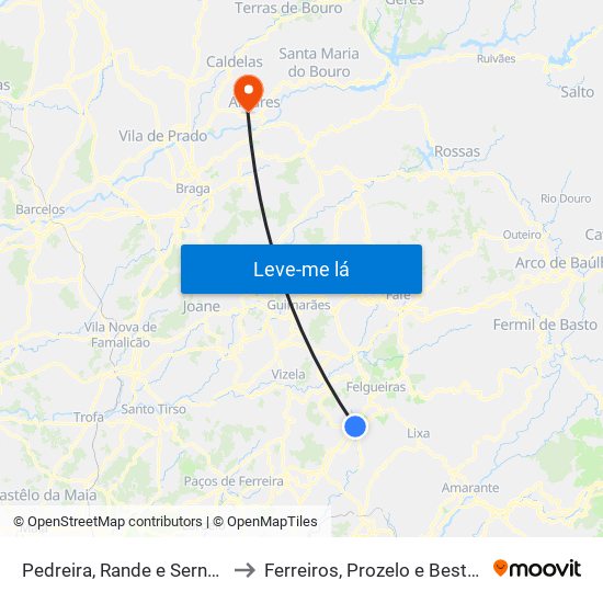 Pedreira, Rande e Sernande to Ferreiros, Prozelo e Besteiros map