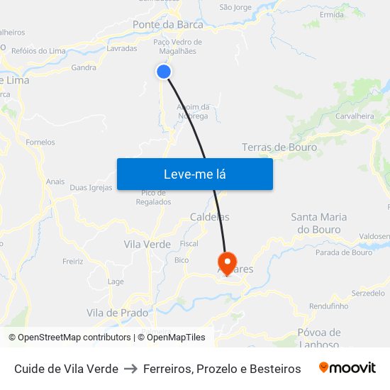 Cuide de Vila Verde to Ferreiros, Prozelo e Besteiros map