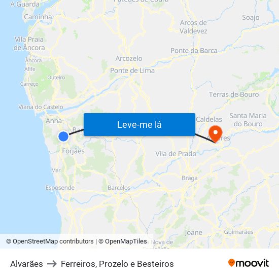 Alvarães to Ferreiros, Prozelo e Besteiros map