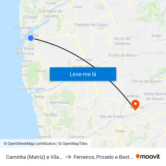 Caminha (Matriz) e Vilarelho to Ferreiros, Prozelo e Besteiros map