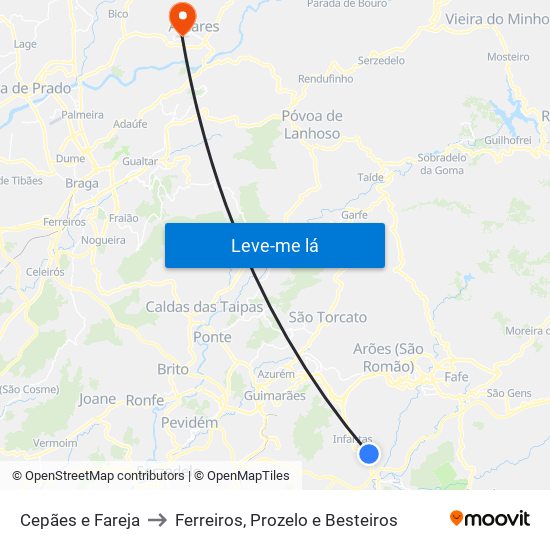 Cepães e Fareja to Ferreiros, Prozelo e Besteiros map