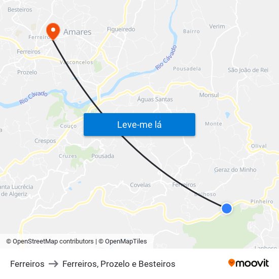 Ferreiros to Ferreiros, Prozelo e Besteiros map