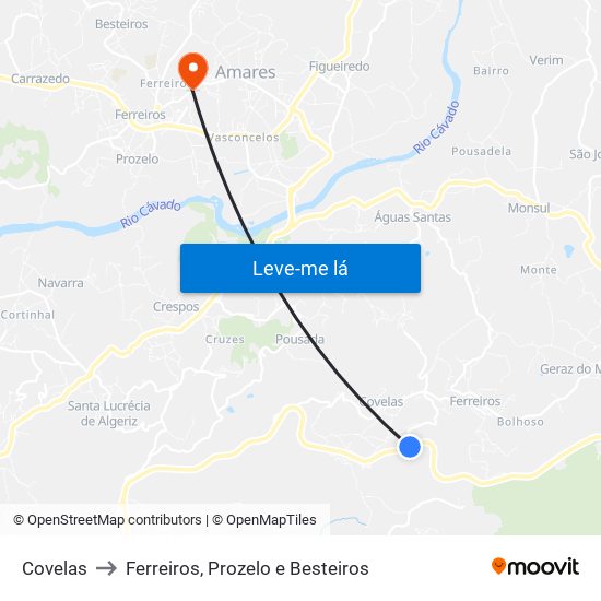 Covelas to Ferreiros, Prozelo e Besteiros map